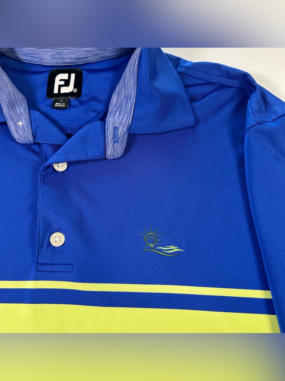 FootJoy Presidents Cup Golf Polo Shirt Mens M Blue Neon Yellow Performance - Picture 3 of 10